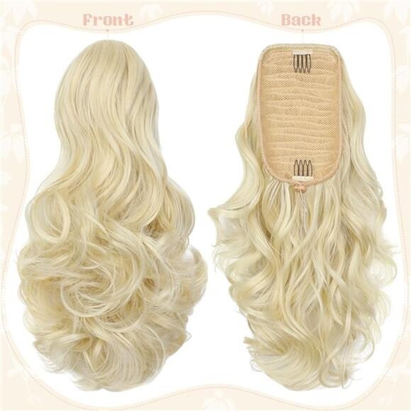 Womens 15" Ponytail Extension Drawstring Curly Wavy Ash Blonde - Picture 2 of 5